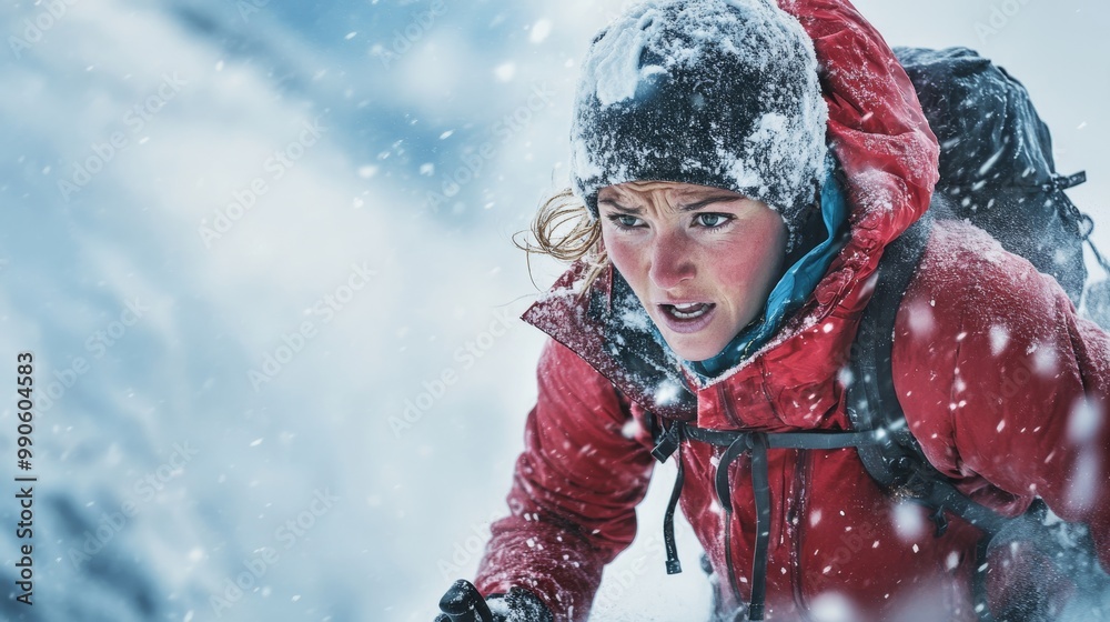 A climber battles through a snowstorm, showcasing determination and resilience against the harsh winter elements in a rugged mountainous landscape. A climber battles through a snowstorm, showcasing determination and resilience against the harsh winter elements in a rugged mountainous landscape.