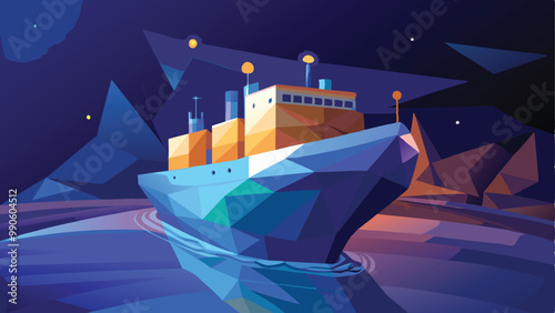 Abstract Low Poly 3D Cargo Ship Isolated on Dark Blue Background Vector Illustration for Modern Design