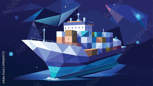 Abstract Low Poly 3D Cargo Ship Isolated on Dark Blue Background Vector Illustration for Modern Design