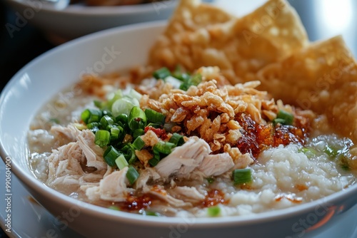 porridge, breakfast, traditional food, closeup, street food, chinese, onion, asian, boiled, indonesian, hot, indonesia, bowl, food, chicken porridge, meal, meat, traditional, cuisine, delicious, gourm photo