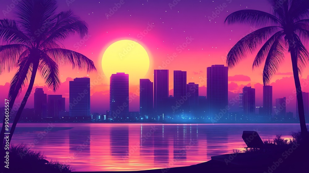 Obraz premium Sunset Cityscape with Palm Trees