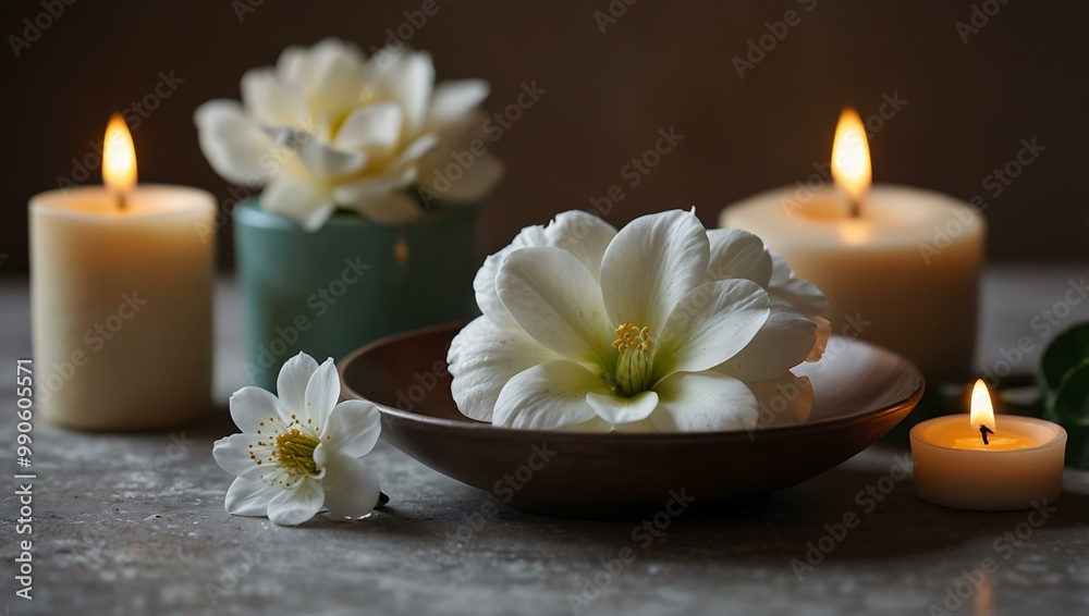 Bowl with a white flower and candles, concept of tranquility.