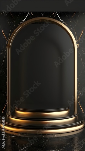 Luxurious display setting with a gold, three-tiered circular podium in a sleek, arched frame, surrounded by black marble walls with gold veins and a rich, dark backdrop. photo