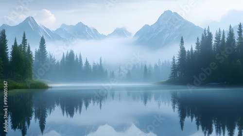 A serene lake surrounded by dense forests and towering mountains, reflecting the clear blue sky with soft mist rising from its surface