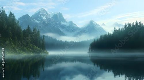 A serene lake surrounded by dense forests and towering mountains, reflecting the clear blue sky with soft mist rising from its surface