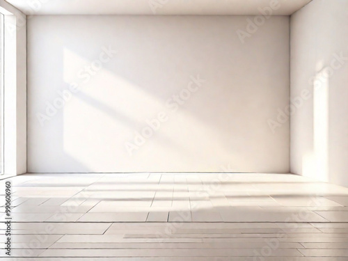Immagine di sfondo di uno spazio vuoto in toni di bianco con un gioco di luci e ombre sulla parete e sul pavimento per lavori di progettazione o creativi	