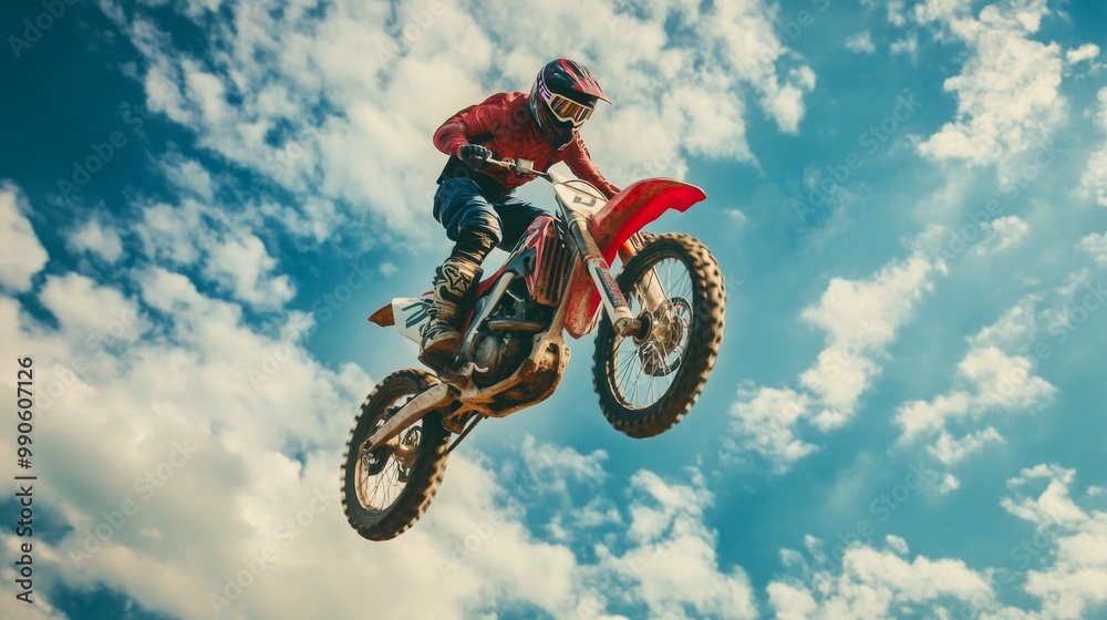 A motorcyclist performs an impressive jump against a bright, cloudy sky, showcasing skill and adrenaline in motocross. A motorcyclist performs an impressive jump against a bright, cloudy sky, showcasing skill and adrenaline in motocross.