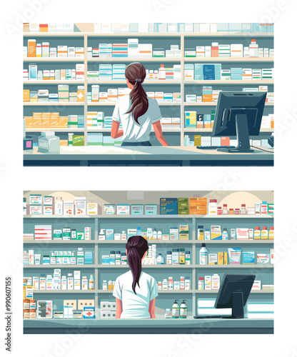 Pharmacist girl near counter cartoon vector scenes. Woman white coat pills box mixture monitor shelves medicines store drug market interior back view character provisor healthcare assistant concepts