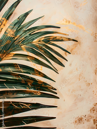 Golden and green leaves on a beige background.