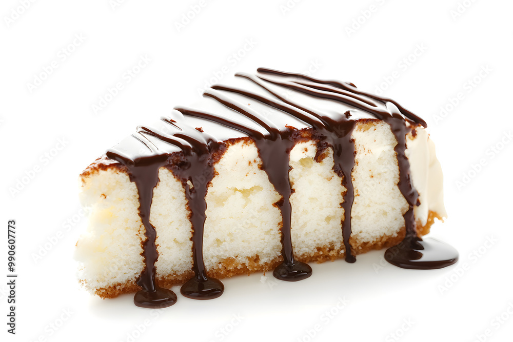 Delicious Slice of Coconut Cake with Chocolate Sauce isolated on white Delicious Slice of Coconut Cake with Chocolate Sauce isolated on white