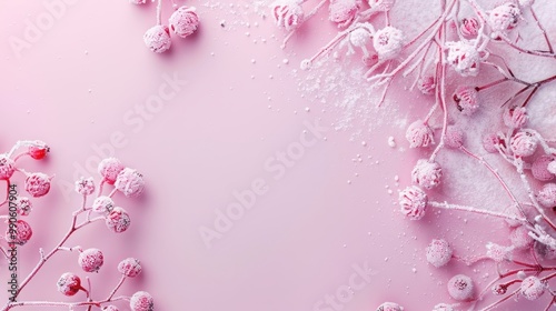 Winter banner, pastel pink background, frost-covered berries in one corner, clean text space. 