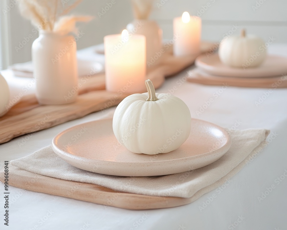 A table with a white tablecloth and a pumpkin on a plate A table with a white tablecloth and a pumpkin on a plate