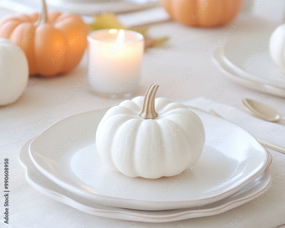 A white plate with a pumpkin on it is set on a table A white plate with a pumpkin on it is set on a table