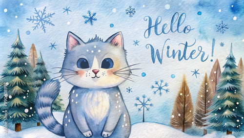 Greeting card with a cat picture and the text: "Hello winter" against the background of a forest, snow, and snowflakes.