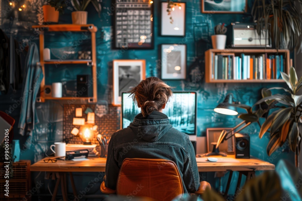 Freelancer Working in Cozy Home Office with Creative Decor and Plants