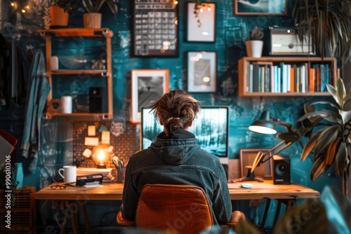 Freelancer Working in Cozy Home Office with Creative Decor and Plants