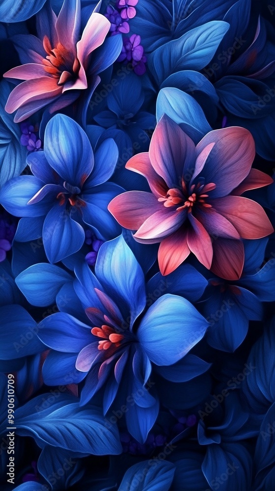 Brightly colored lilies with a neon glow, create a surreal, dreamlike floral aesthetic in digital art form. Brightly colored lilies with a neon glow, create a surreal, dreamlike floral aesthetic in digital art form.