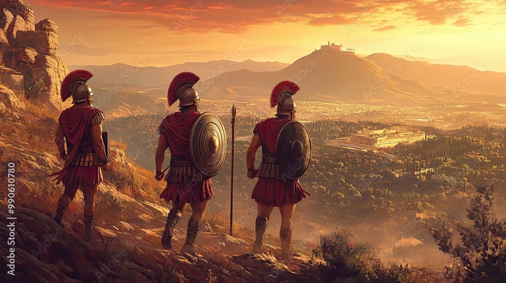 Obraz premium Three Spartan Warriors Gaze Upon Ancient Athens at Sunset