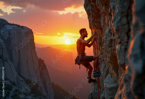 A man climbing up a cliff at sunset.