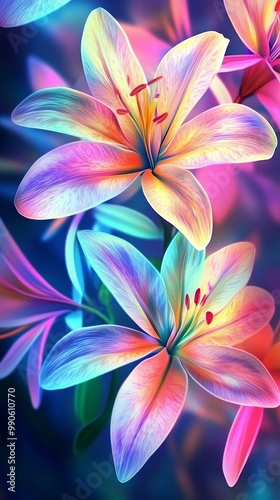 Brightly colored lilies with a neon glow, create a surreal, dreamlike floral aesthetic in digital art form.