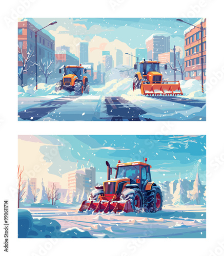 Snow blower tractors cartoon vector scenes. Winter Ice cold parks roads streets machine cleaning vehicles city utilities at work bright concepts