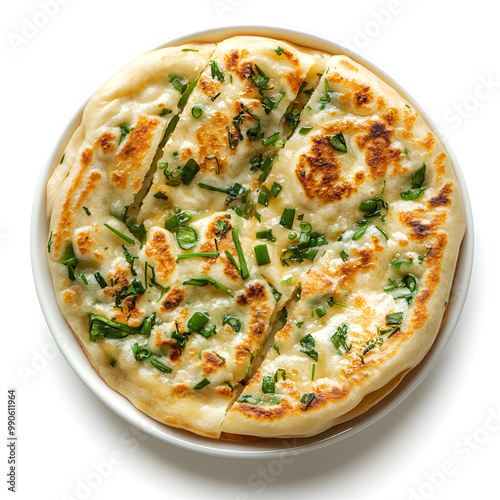 Homemade Chinese green onion pancakes top view isolated on white background