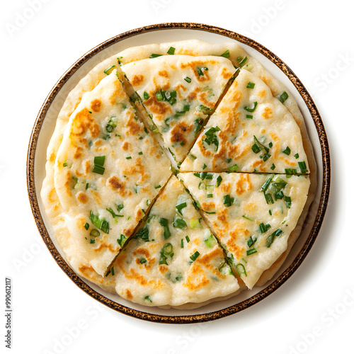 Homemade Chinese green onion pancakes top view isolated on white background