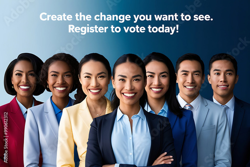 Business females and males with motivation quote create the change you want to see in concept register to vote.