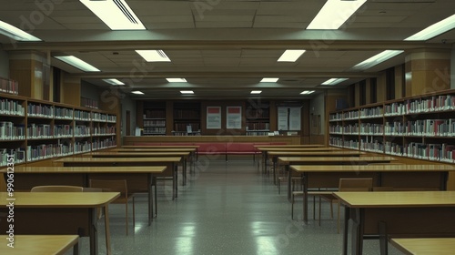 A quiet library interior with rows of tables and shelves filled with books.