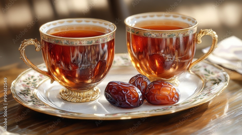 Luxury tea cups with dates on a tray Generative AI