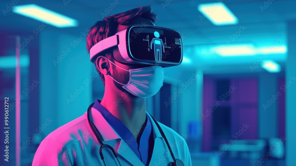healthcare professional wearing virtual reality headset in modern medical environment, showcasing integration of technology in healthcare. scene is illuminated with vibrant blue and pink lighting healthcare professional wearing virtual reality headset in modern medical environment, showcasing integration of technology in healthcare. scene is illuminated with vibrant blue and pink lighting