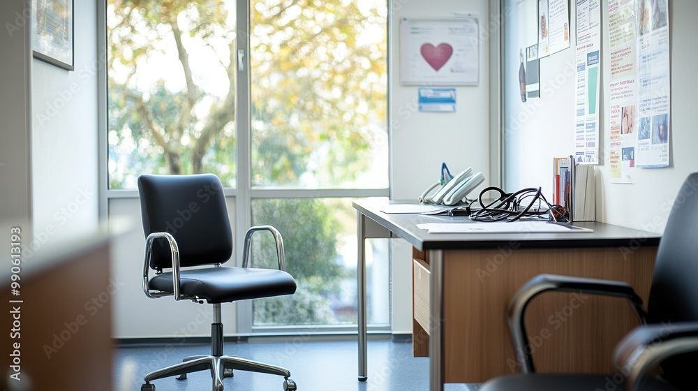 A quiet office space with a desk, chair, and window overlooking nature. A quiet office space with a desk, chair, and window overlooking nature.
