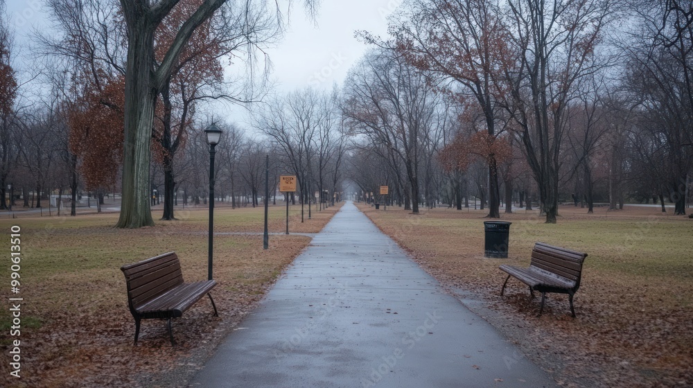 A quiet park pathway lined with benches and bare trees on a cloudy day. A quiet park pathway lined with benches and bare trees on a cloudy day.