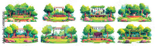 Sound performance forest arena cartoon vector set. Music stage trees shrubs greenery amplifiers projectors percussion metal enclosure platform scene outdoor park open air festival isolated artworks