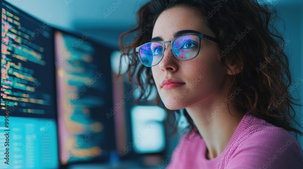 Focused on her work, young woman with curly hair and glasses engages with multiple computer screens displaying code. Her concentration reflects dedication of programmer. Focused on her work, young woman with curly hair and glasses engages with multiple computer screens displaying code. Her concentration reflects dedication of programmer.