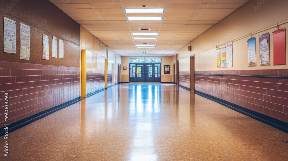 A quiet school hallway with bright lighting and colorful posters on the walls. A quiet school hallway with bright lighting and colorful posters on the walls.