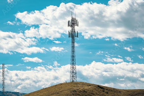 The internet network transmitter mast stands firmly on a large area of ​​land with the hot sun. transmitting the internet network to all places