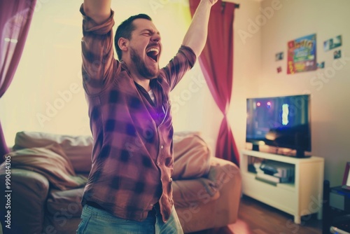 A cheerful man exults in victory, raising his arms in triumph in a cozy living room, immersed in an exciting PvP RPG strategy game on his PC. photo