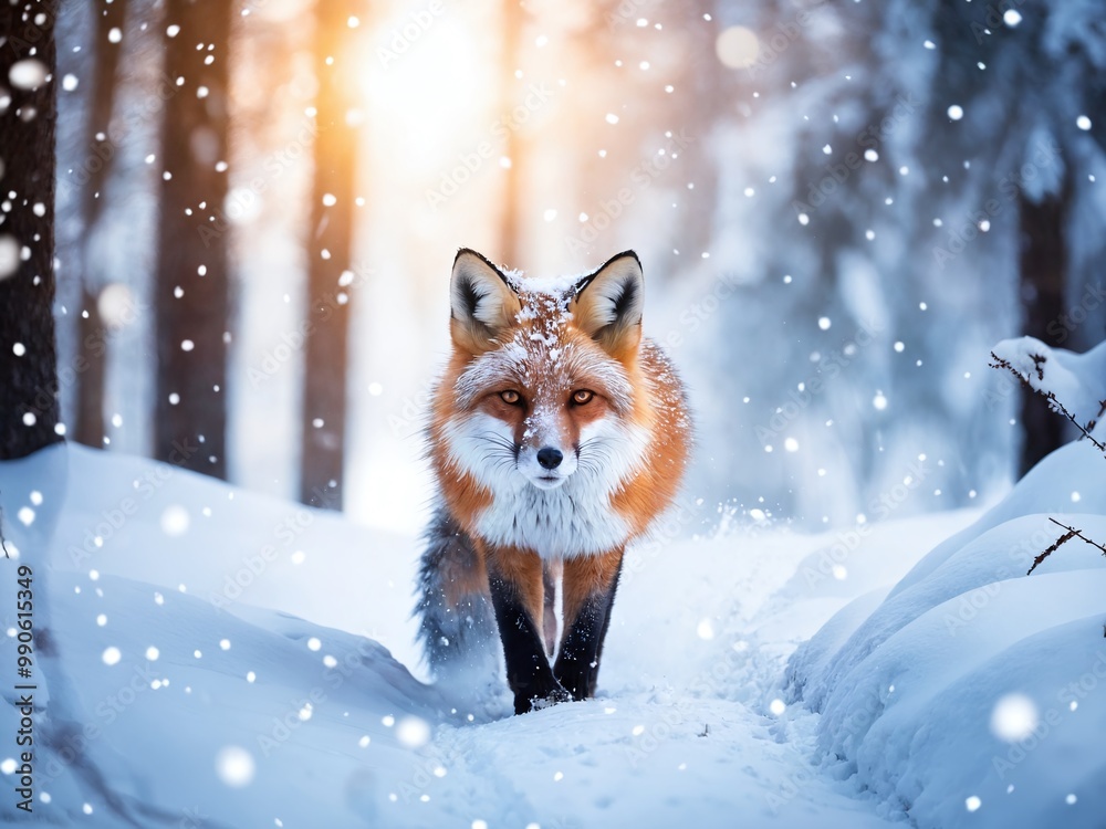 Fototapeta premium A red fox walks through a snowy forest while snowflakes fall softly in the winter afternoon light