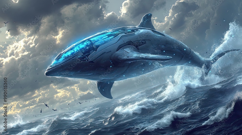 Fototapeta premium Futuristic Dolphin-shaped Craft Soaring Over Rough Seas