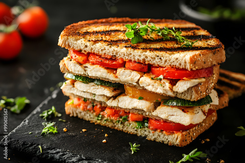 Grilled vegetable and chicken sandwich with whole grain bread