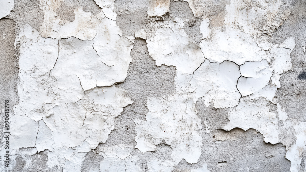 Textured wall with peeling white paint and cracks in a weathered urban setting Textured wall with peeling white paint and cracks in a weathered urban setting