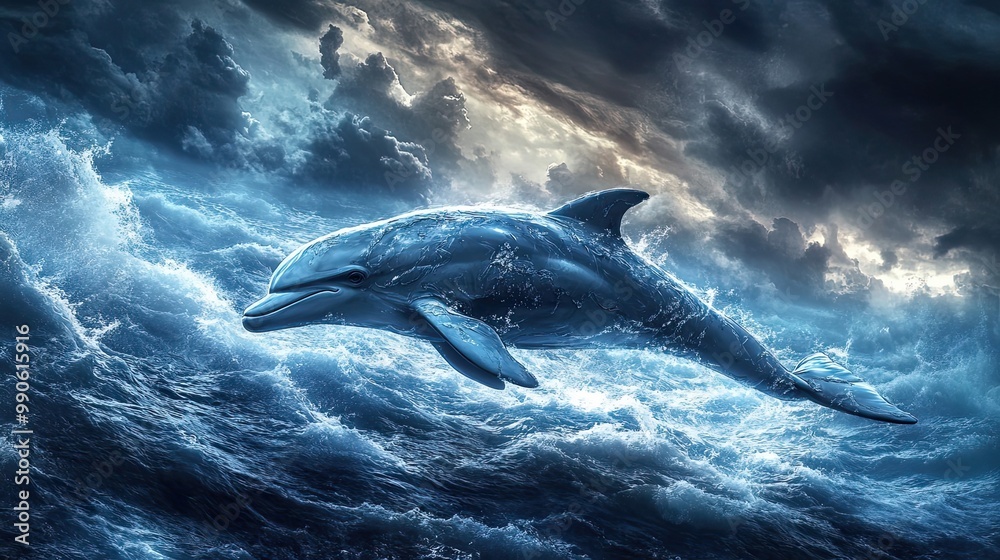 Naklejka premium A Dolphin Leaping Through Stormy Waves