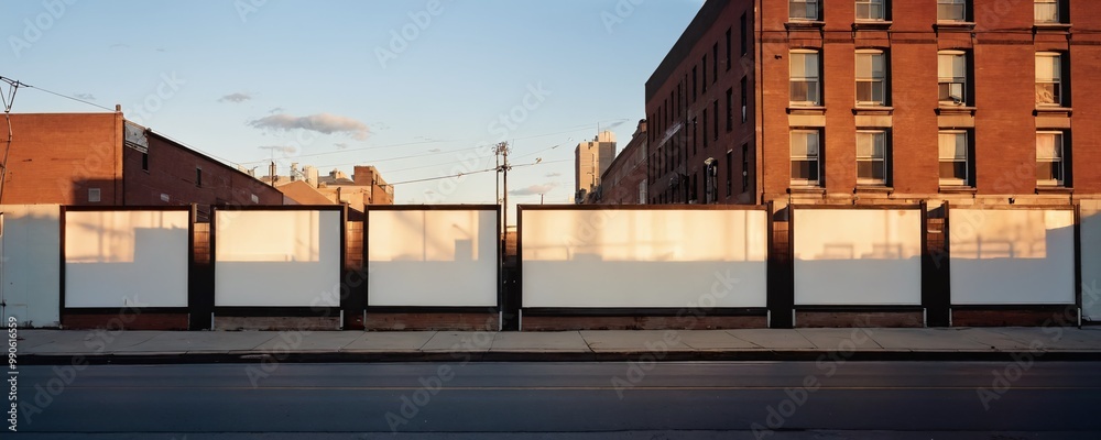 Fototapeta premium Construction barriers along a city street with a historical brick building in the background during golden hour