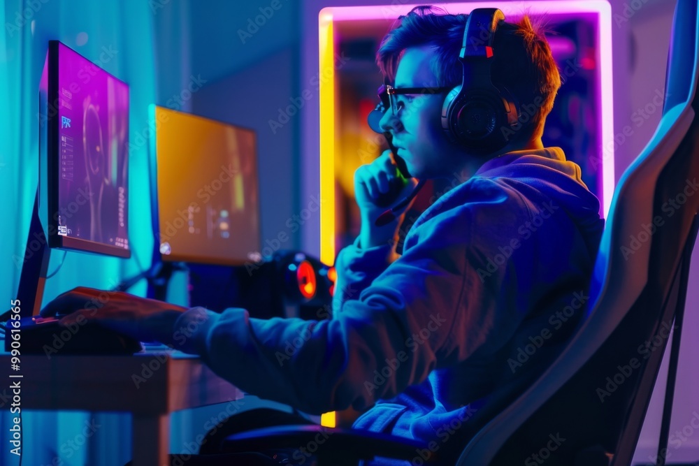A young esports athlete intensely engages in an FPS game with concentration, surrounded by vibrant neon lights in a dim environment, showcasing competitive spirit and skill. A young esports athlete intensely engages in an FPS game with concentration, surrounded by vibrant neon lights in a dim environment, showcasing competitive spirit and skill.