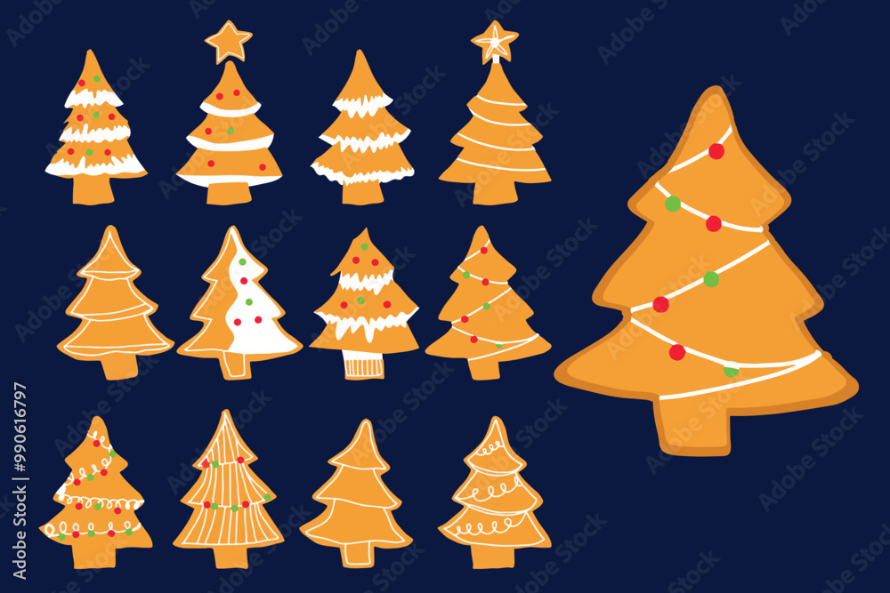 Obraz premium Set of ginger bread cookies on the christmas day celebration. Winter homemade xmas sweets in shape of house and gingerbread man, star and snowflake, santa and heart, bird and rabbit and sock. Cartoon