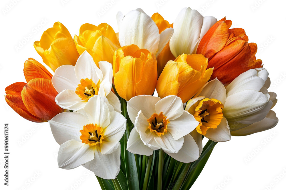 A bright spring bouquet of tulips and daffodils, isolated on a transparent background, PNG file. A bright spring bouquet of tulips and daffodils, isolated on a transparent background, PNG file.