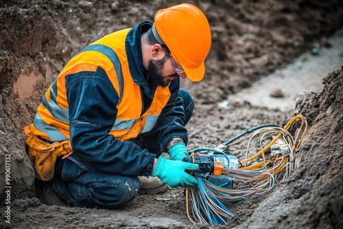 a male technician is repairing internet cables underground, wearing a safety helmet and a reflective vest. The scene highlights a professional working environment focused on network infrastructure 