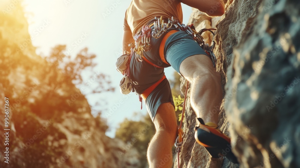 A climber ascends a rocky cliff, showcasing determination and athleticism, while bathed in warm sunlight against a scenic backdrop of nature. A climber ascends a rocky cliff, showcasing determination and athleticism, while bathed in warm sunlight against a scenic backdrop of nature.