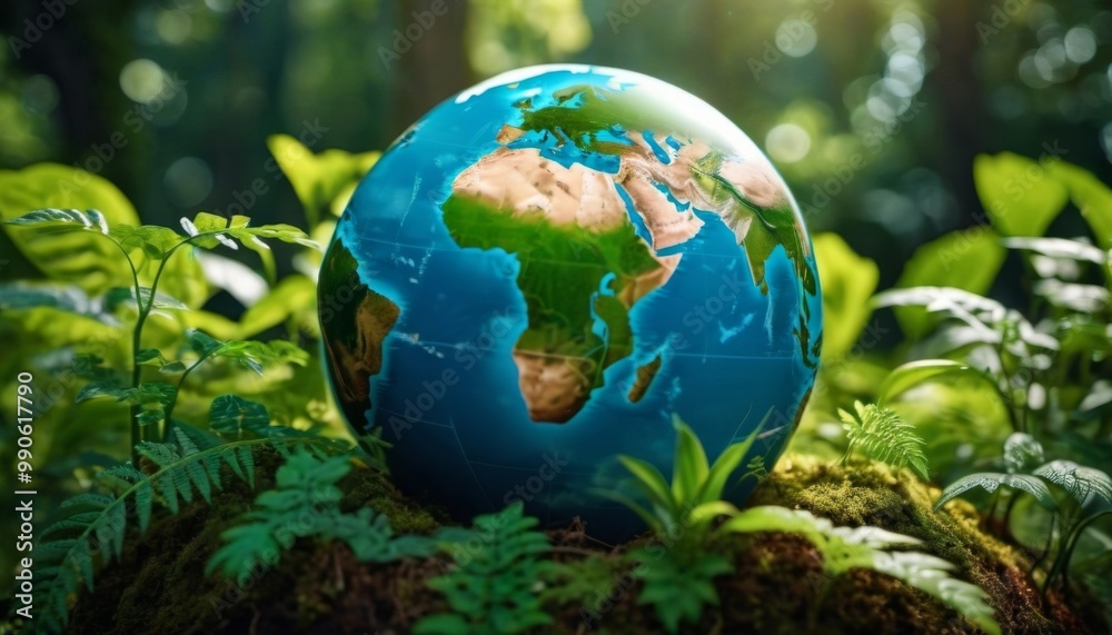 planet earth lies on moss in the forest. eco theme. ai generated planet earth lies on moss in the forest. eco theme. ai generated